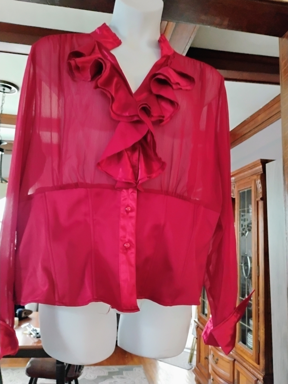 Ashley Stewart Ruffle-Front Sheer Blouse in Deep Red - Picture 2 of 14